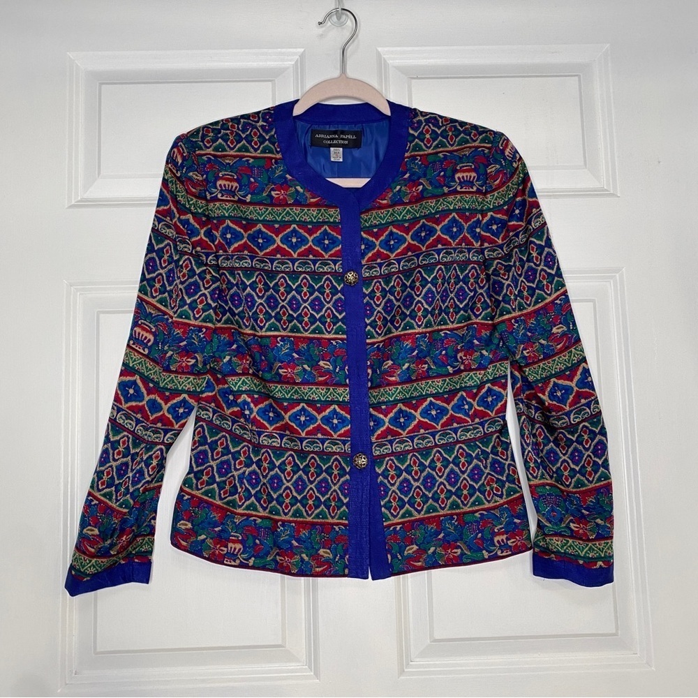 Vintage Adrianna Papell Multicolored Silk Short Jacket Size 8 With Shoulder Pads